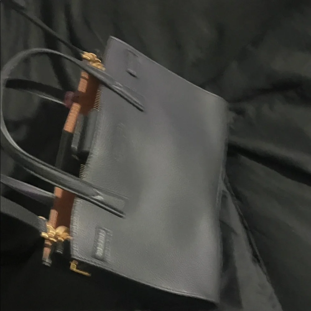 Tory Burch Black Satchel with Burgundy Tag and Gold Hardware